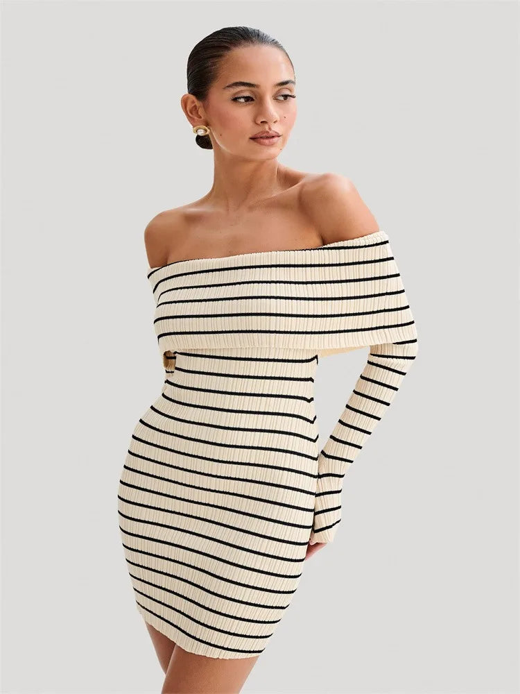 Striped Knit Sweater Mini Dress for Bandeau Backless Summer Contrast Party Dress Knitwear Mini Dress