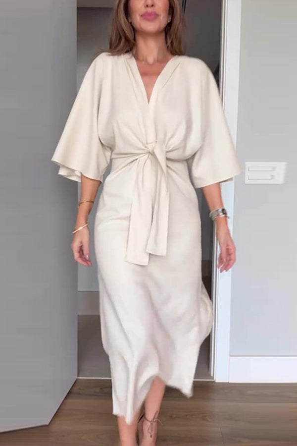 Color V-neck Half-sleeve Waist-tied Midi Dress