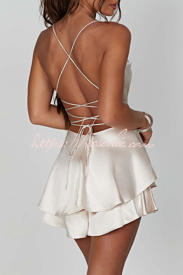 Ruffled Satin Strappy Satin Backless Lace Up Mini Dress