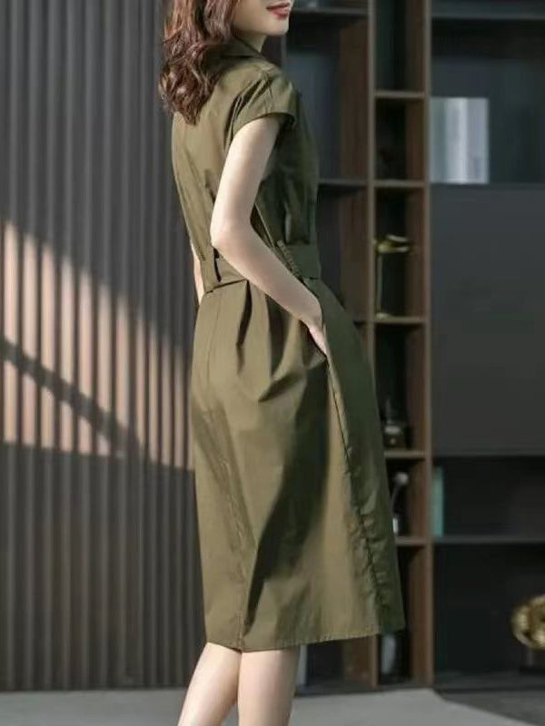 Short Sleeves Bandage Color Lapel Midi Dresses