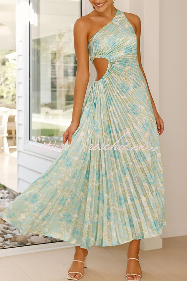 Laken Print One Shoulder Adjustable Tie Cutout Pleated Maxi Dress