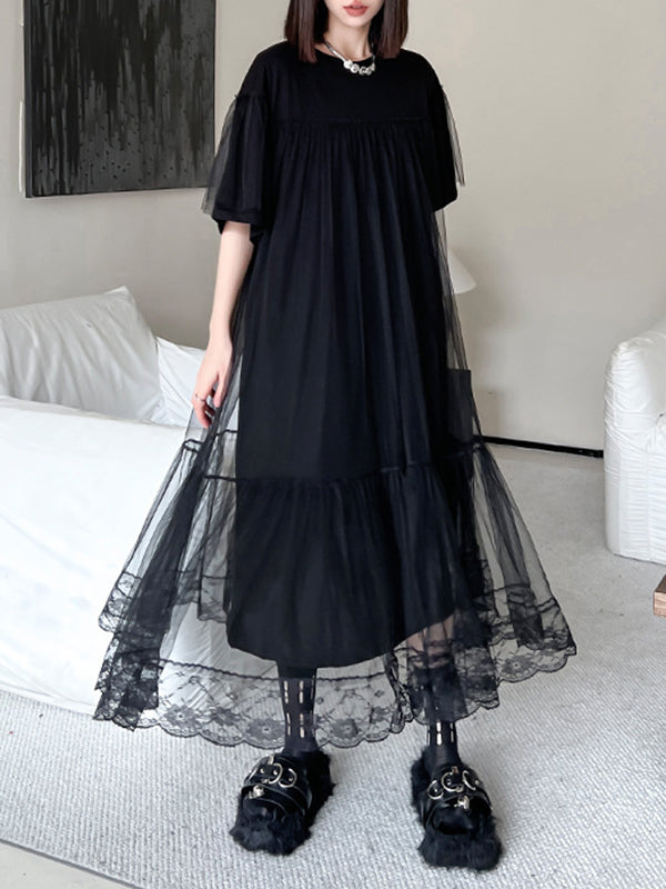 Fake Two-piece Loose Gauze Pleated Color Split-joint Tiered Round-neck Midi Dresses