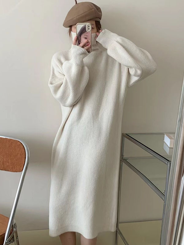 Long Sleeves Loose Color High Neck Midi Dresses Sweater Dresses