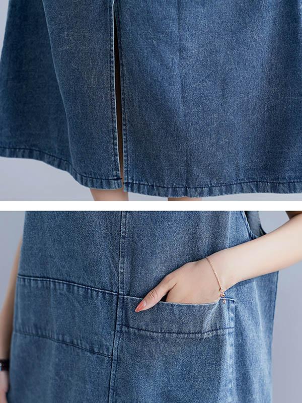 Loose Sleeveless Denim V-neck Midi Dress