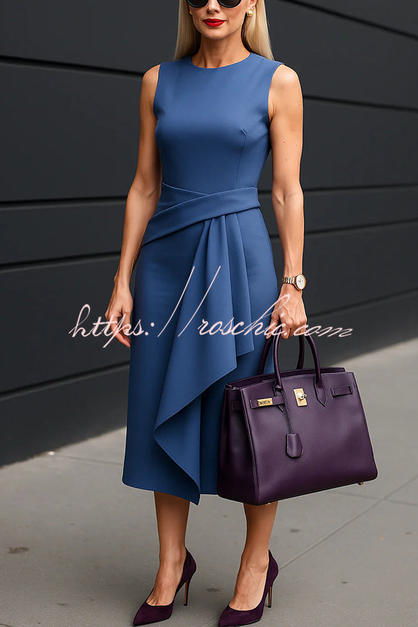 Office Fitted Sleeveless Crossover Draped Ruffle Midi Dress