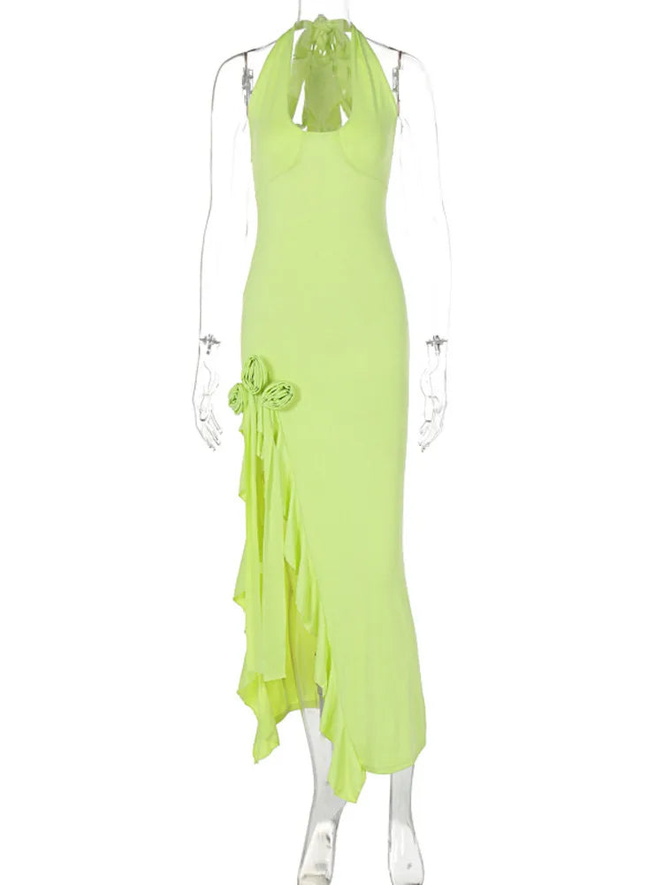 Flower Draped Split Long Dress for Halter Deep V Neck Sleeveless Backless Bodycon Club Party Long Dress