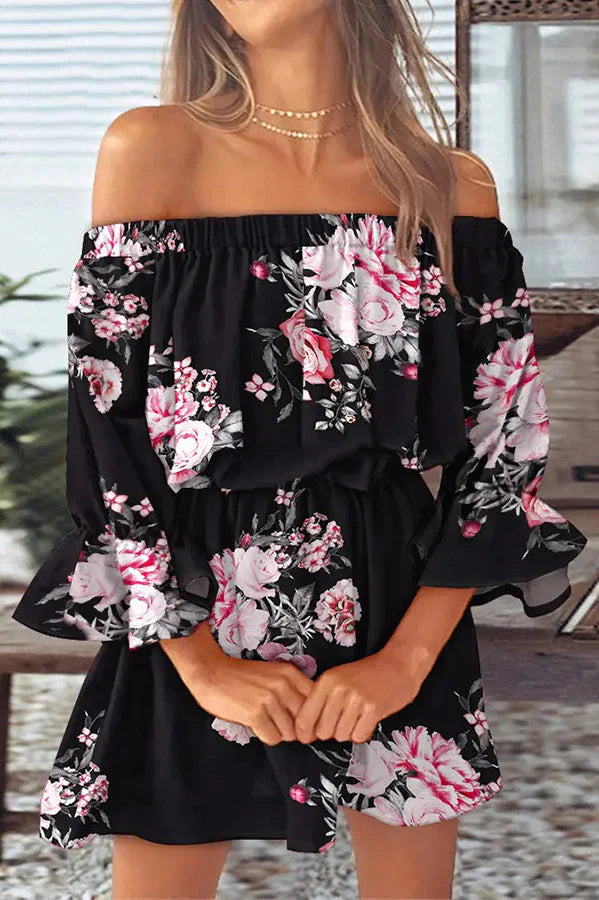 It All Begins With Love Printed Off Shoulder Mini Dress
