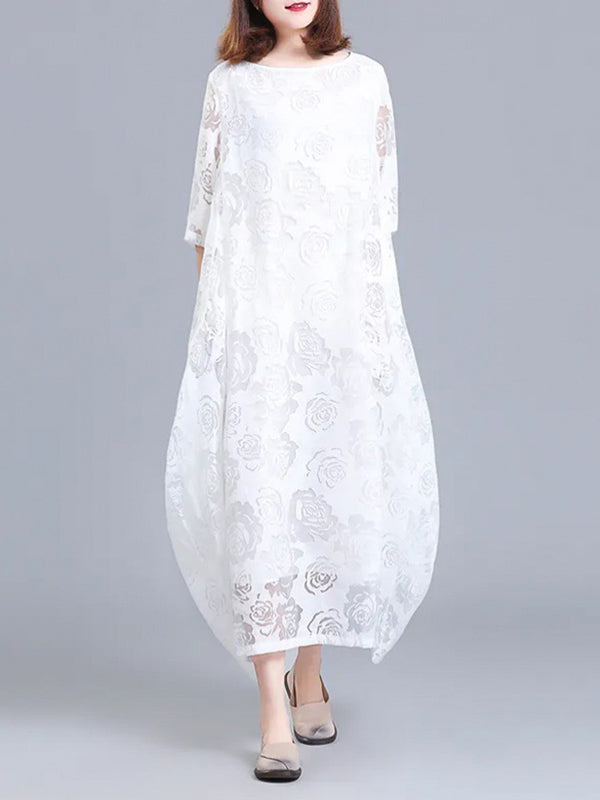 A-line Half Sleeves Flower Print See-through Color Round-neck Midi Dresses