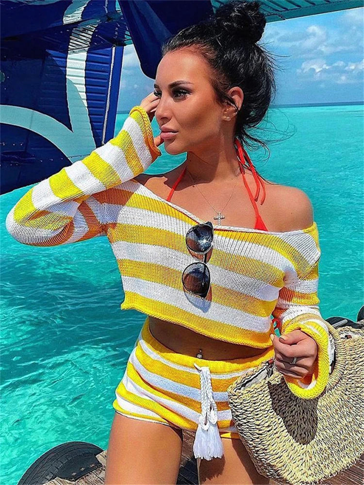 Autumn Knitted Shorts Set Two Piece Striped Long Sleeve Crop Tops and Mini Shorts Femme Y2k Party Outfits 2 Piece