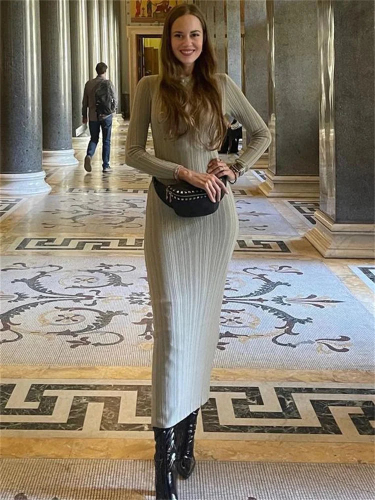Knit Ribbed Maxi Dress High Waist Long Sleeve Patchwork Slim Party Dress Autumn Knitwear Dress