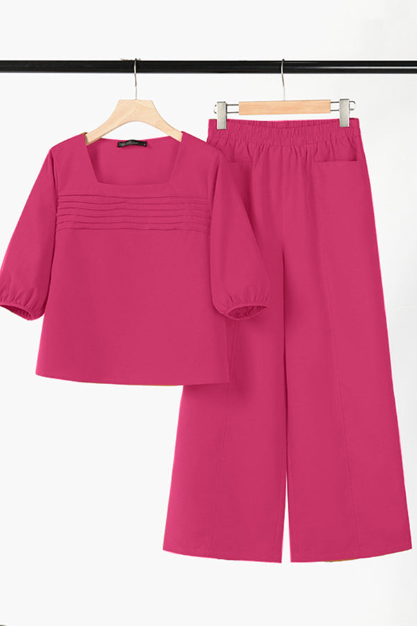 Loose Color Long Sleeved Top Wide Leg Pants Set