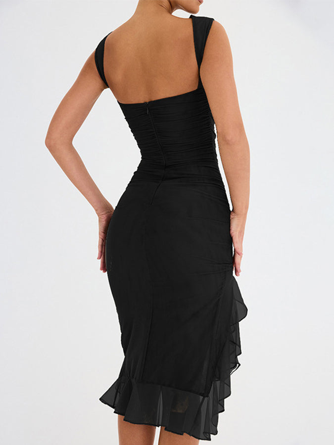 Slim Pleated See-through Round Neck Sleeveless Midi Dress