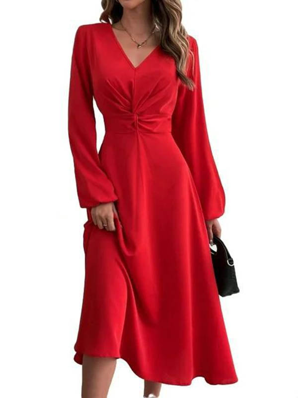 A-line High Waisted Pleated Color Zipper V-neck Midi Dresses