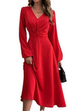 A-line High Waisted Pleated Color Zipper V-neck Midi Dresses