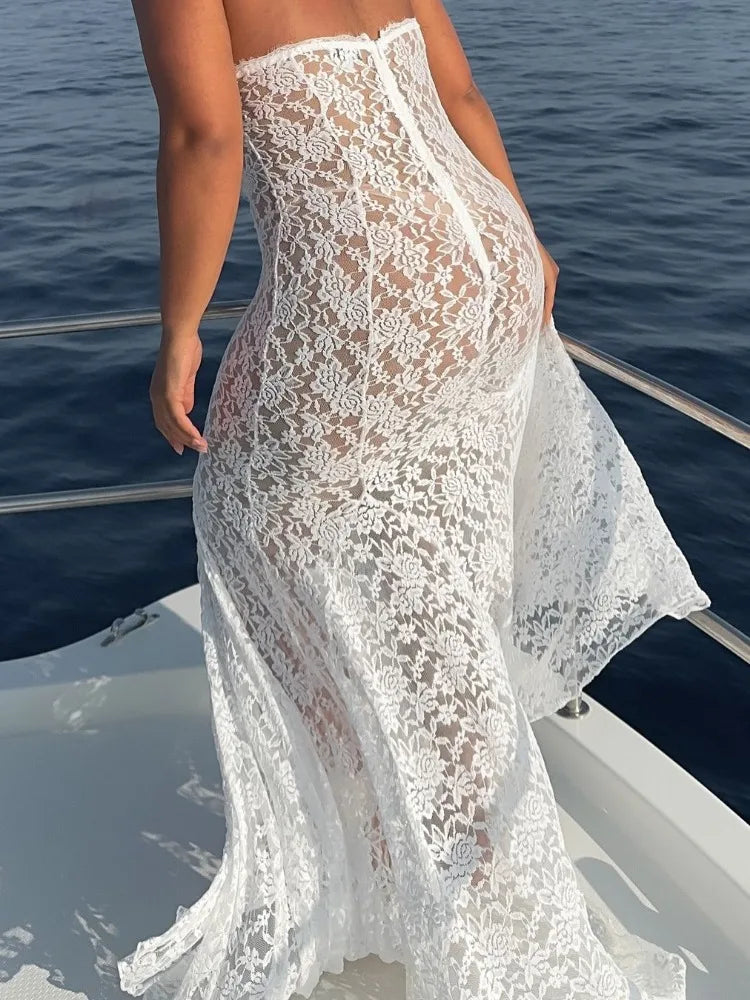 Hollow Out Lace Long Dress for See-through Sleeveless Backless Printed Party Dress Summer Maxi Dress