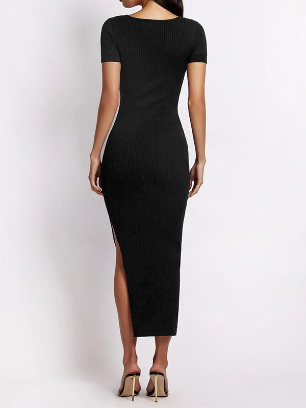 Short Sleeves Skinny Color Split-side Round-neck Midi Dresses