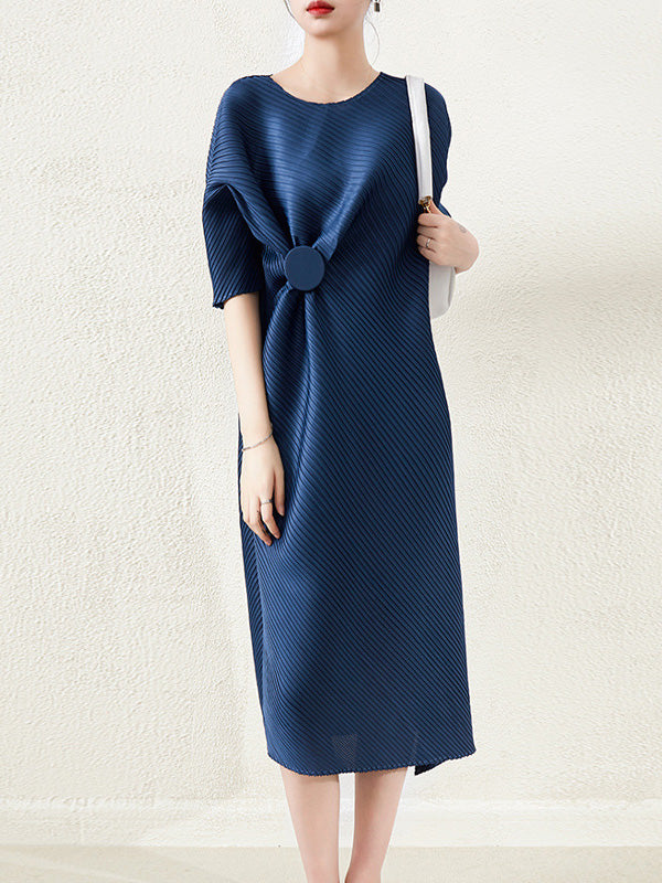 Stylish Irregularity Loose Pleated Color Round-neck Midi Dresses