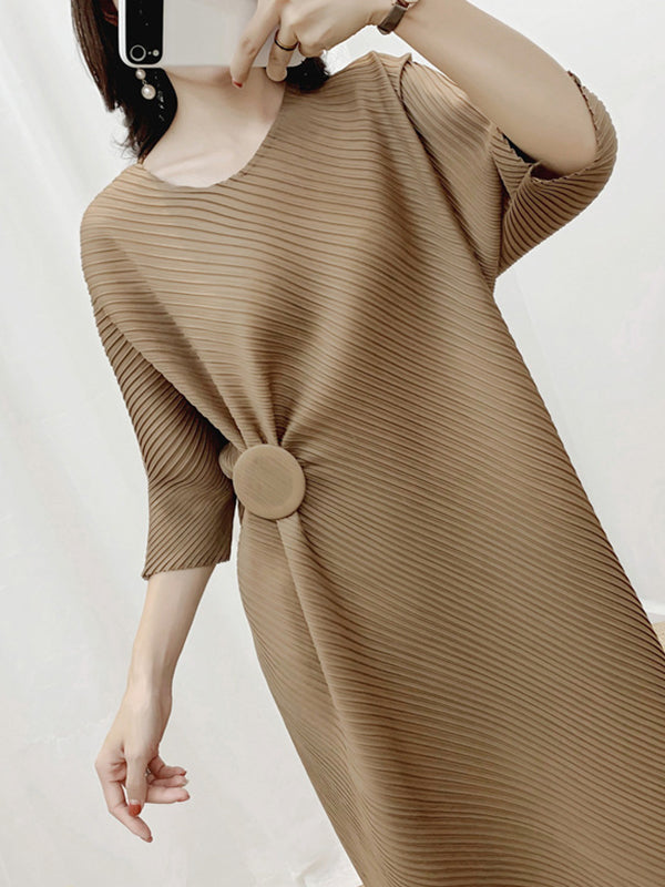 Half Sleeves Irregular Clipping Pleated Color Round-neck Midi Dresses