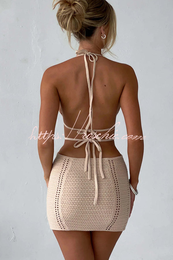Effortlessly Cool and Knit Crochet Cutout Halter Tie-up Stretch Mini Dress