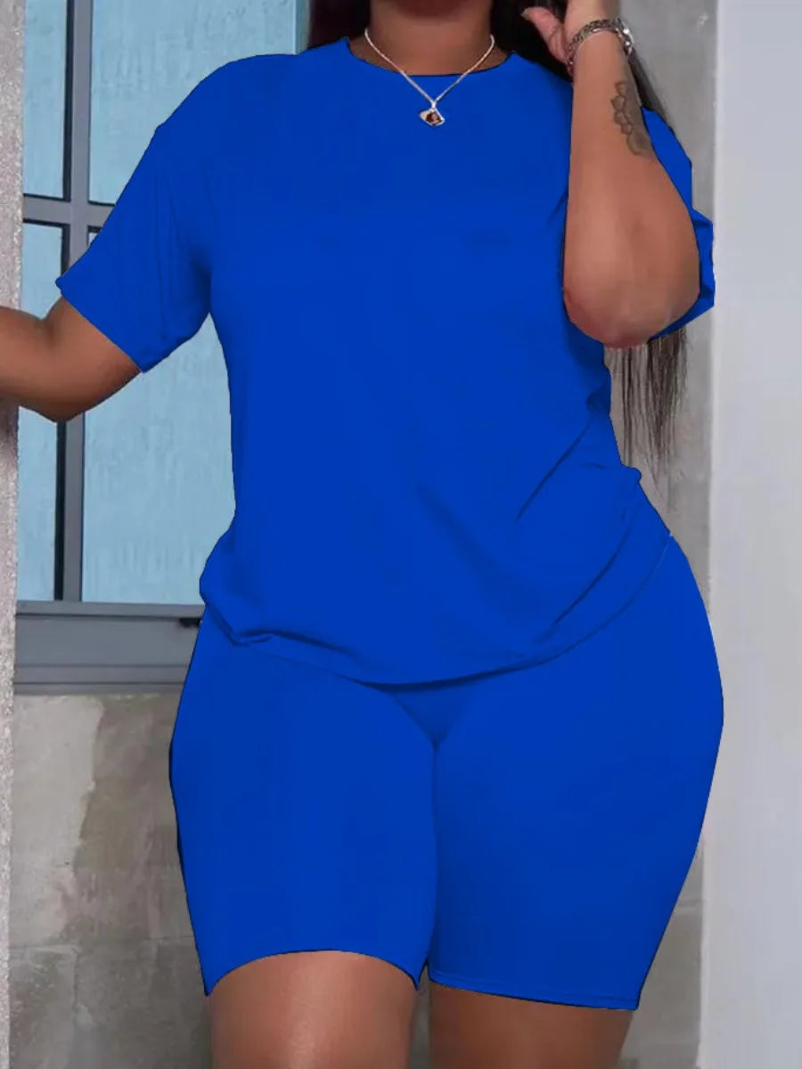 Basic Summer ��s Suit Short Sleeve Top and Pants Color Sportswear Slim Two-piece Outfit