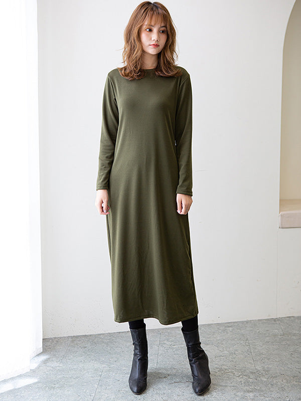 Simple Color Round-neck A-line Midi Dress