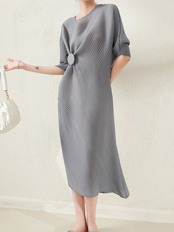 Stylish Irregularity Loose Pleated Color Round-neck Midi Dresses