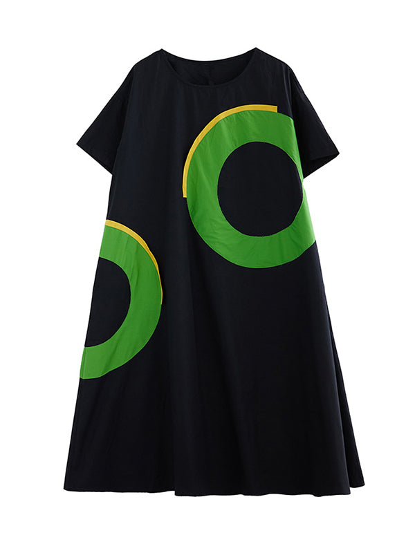 Loose Short Sleeves Contrast Color Pockets Printed Round-neck Midi Dresses