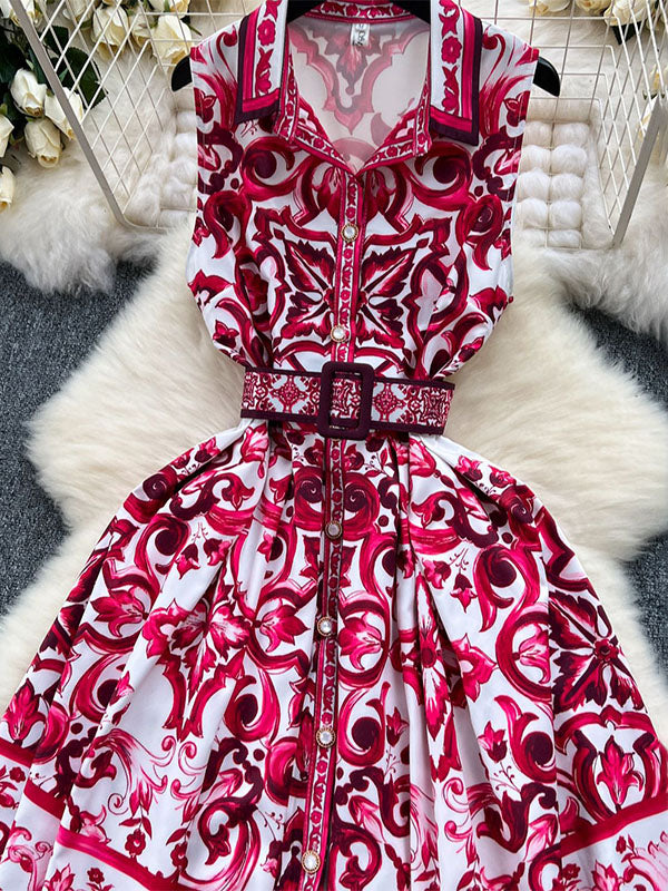 Sleeveless Belt Buckle Buttoned Contrast Color Printed Midi Dresses