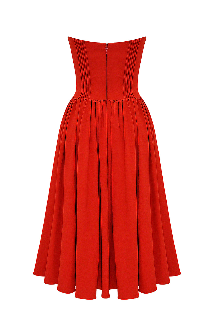 Strapless Corset Pleated Hem Prom Party Midi Dresses-red