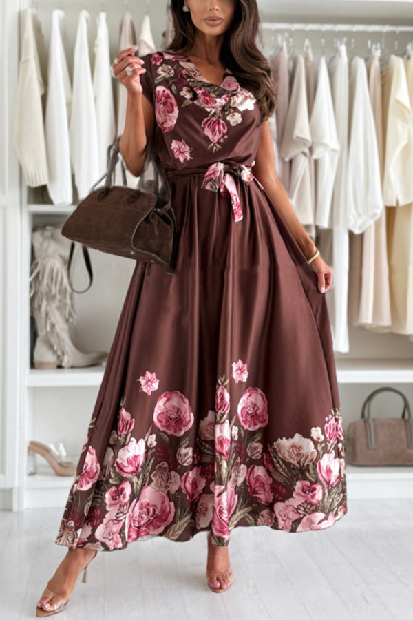 Print V-neck Sleeveless Waisted Midi Dress