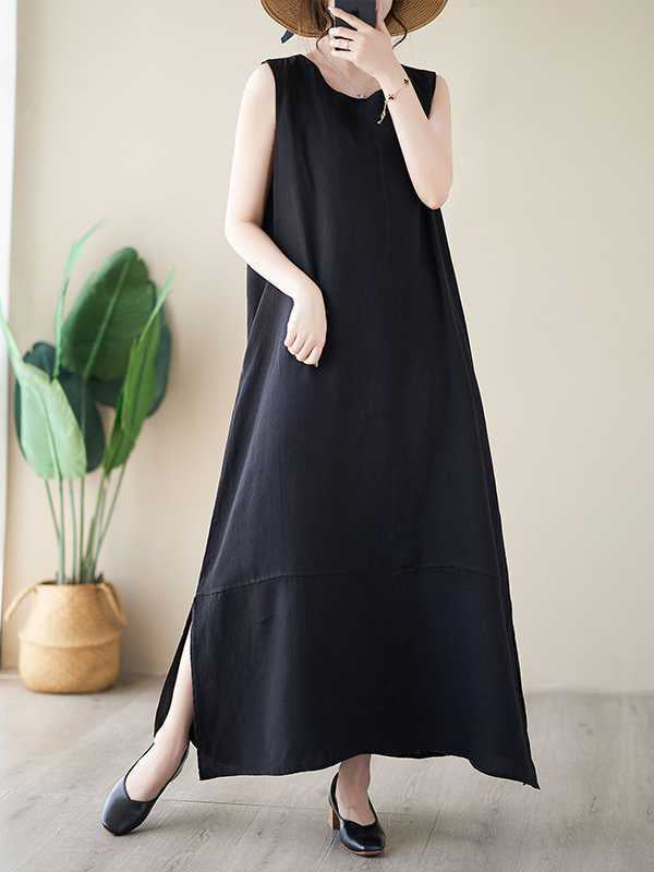 A-line Loose Color Round-neck Midi Dresses