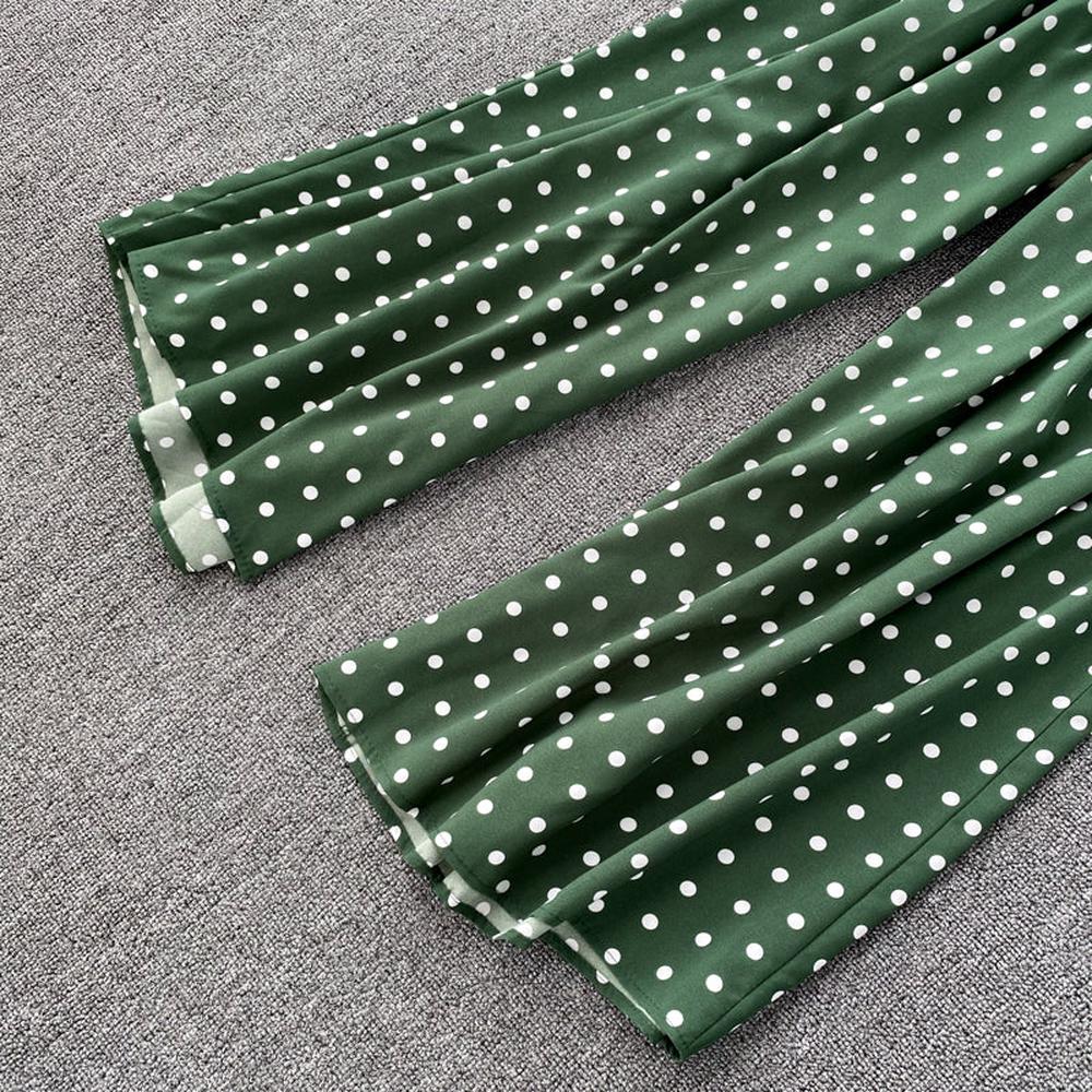 Stylish Army Green V-neck Polka Dot Puff Sleeve Wide Leg Jumpsuit
