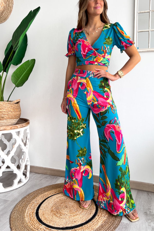 Print V Neck Short Sleeves Crop Top Elastic Waist Wide Leg Pants Set