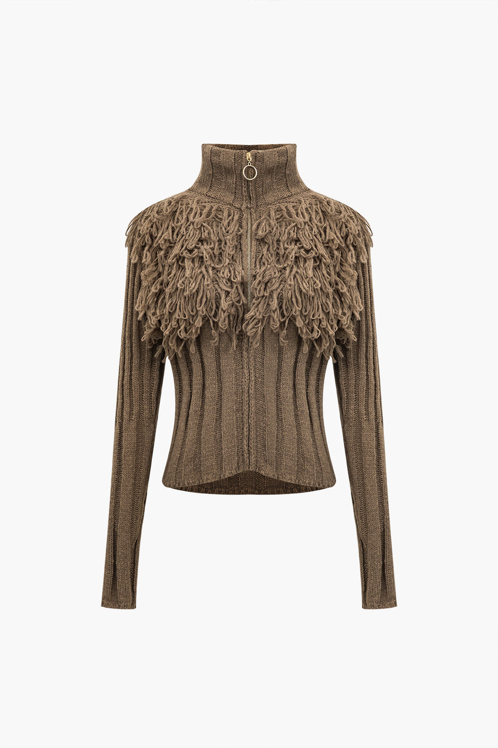 Sweater Fringe Zipper Long-sleeve Top