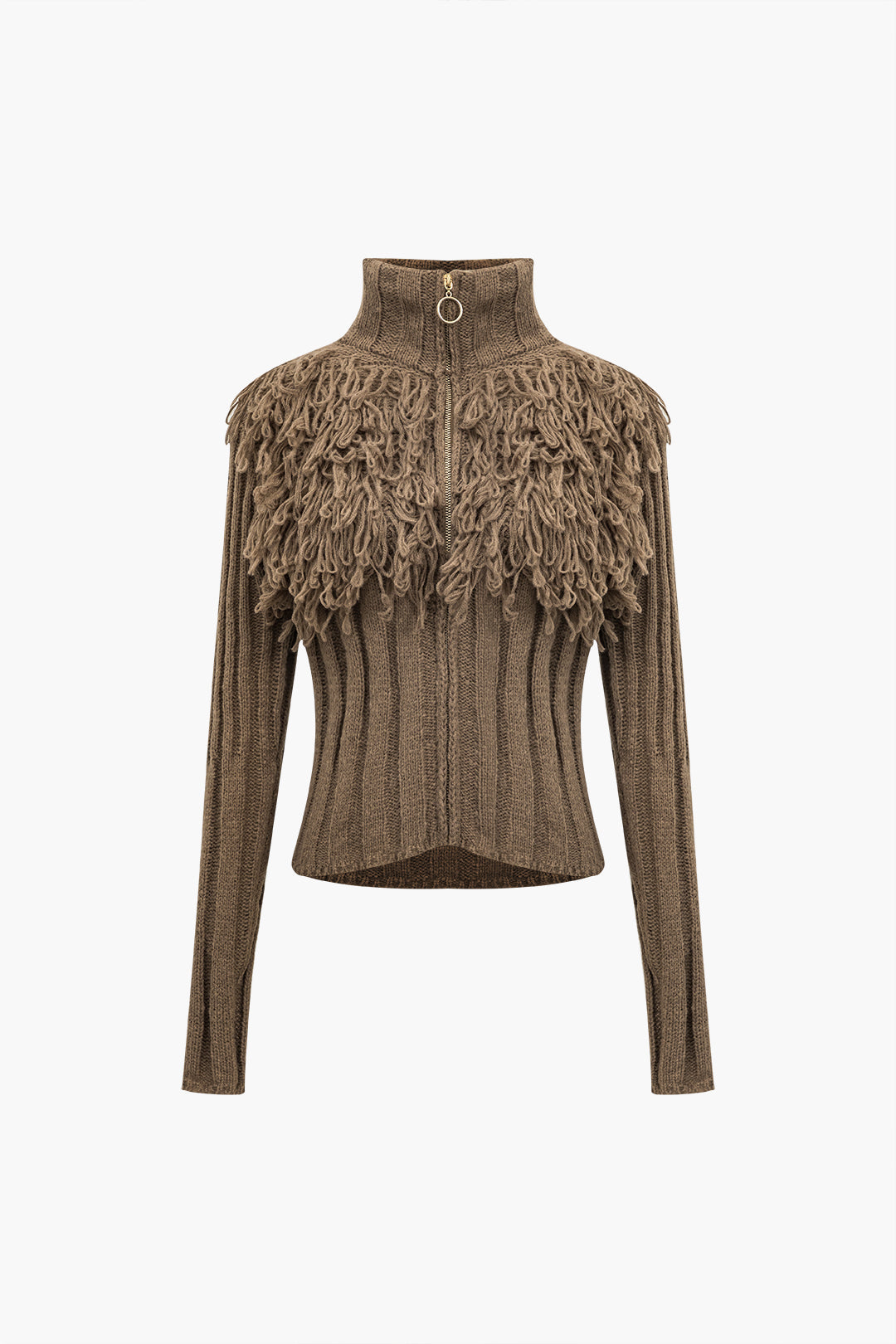 Sweater Fringe Zipper Long-sleeve Top