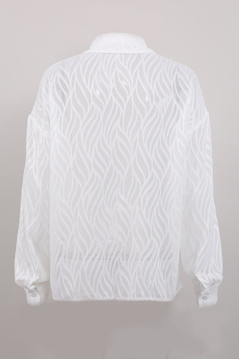 Sheer Textured Button-up Long Sleeve Blouse