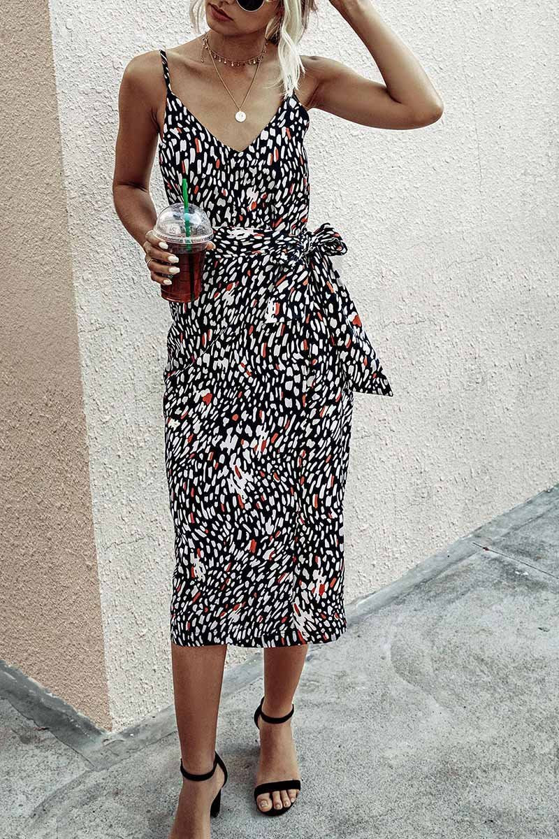 V Neck Print Midi Dress With Belts(4 Colors)