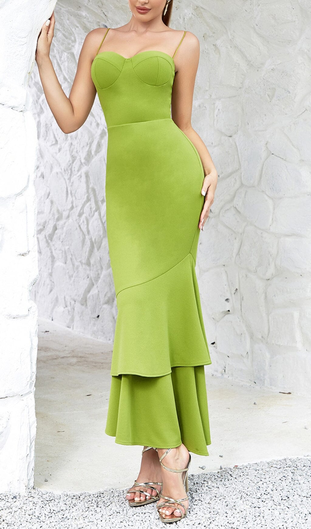 Strappy Fishtail Maxi Dress in Green