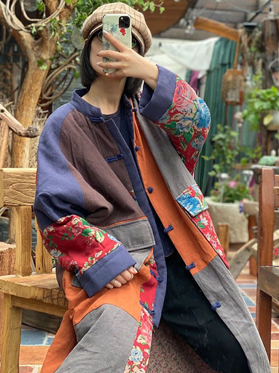 100% Cotton Stand Collar Patchwork Long Coat Qu014