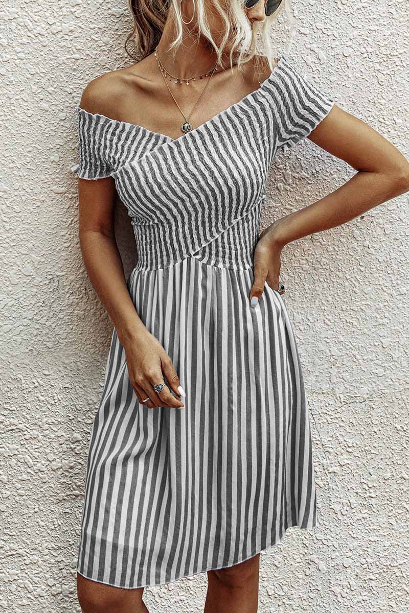 Stripe Off Shoulder Short Sleeve Short Dress