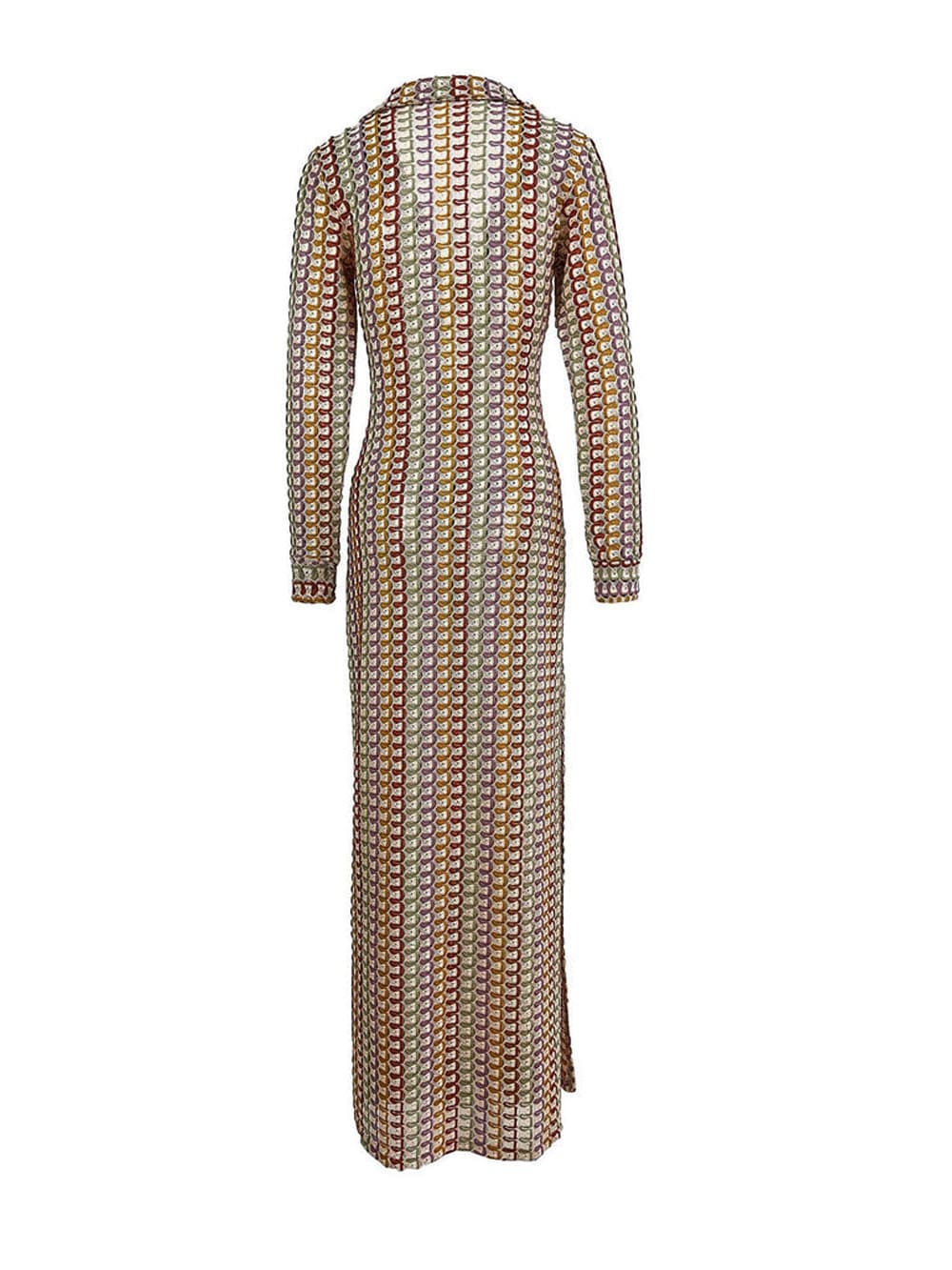 Collared V Neck Split Wavy Striped Crochet Beach Vacation Maxi Dress - Brown