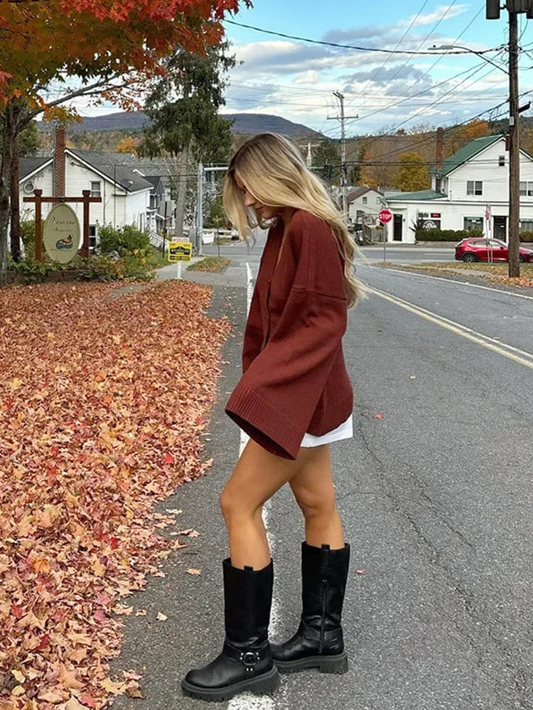 Color V-neck Button-up Knit Cardigan