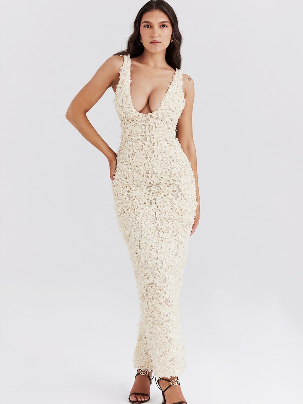 Creme Plunge Appliqué Maxi Dress-carena