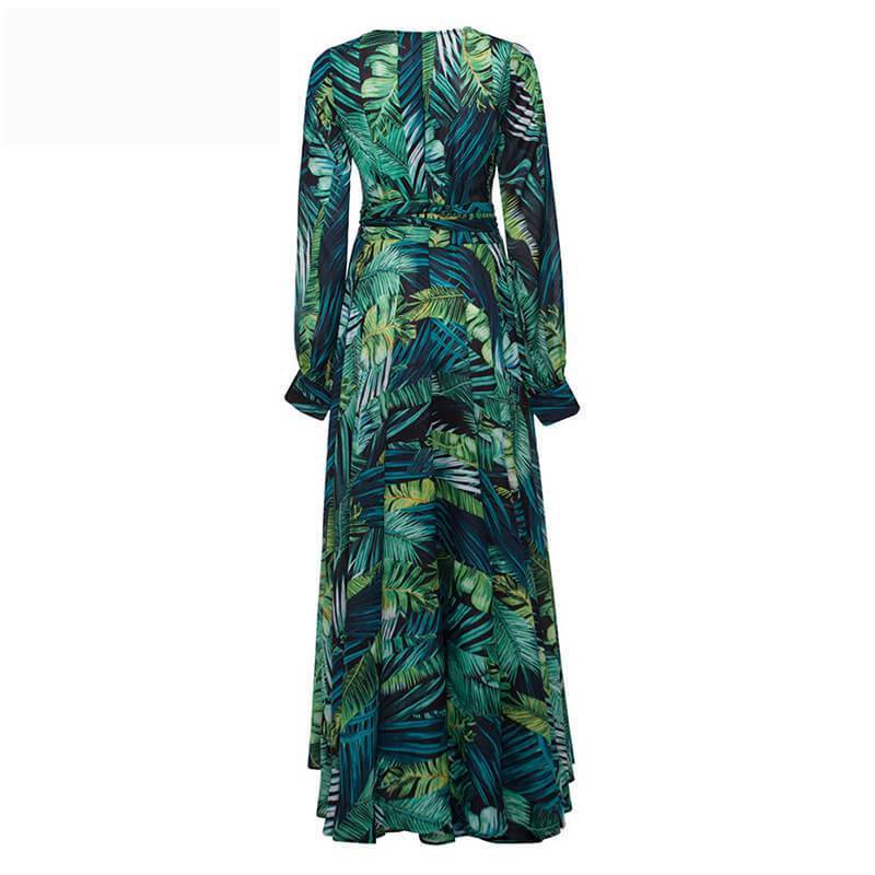 V-neck Leaf Print Maxi Dress