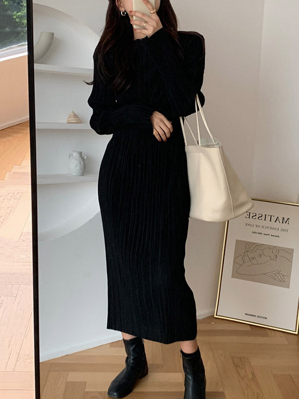 Simple Long Sleeves Black Split-joint Elasticity Waist Pleated Midi Dress