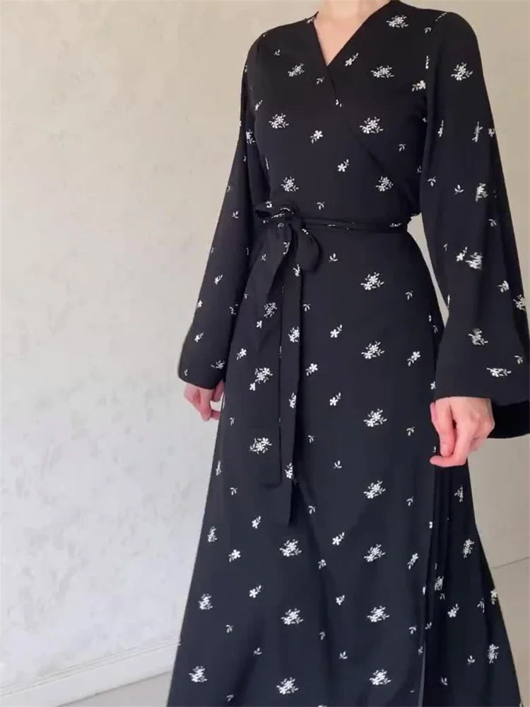 Printed Bandage Maxi Dress for V-neck Patchwork High Waist Lace-up Party Looks Long Dress New