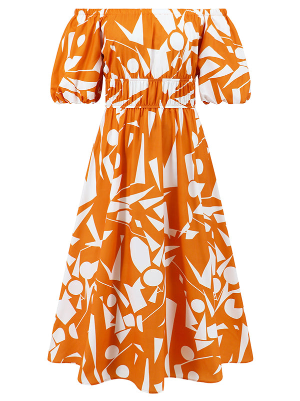 A-line Espadrilles Contrast Color Elasticity Pleated Pockets Printed Off-the-shoulder Midi Dresses