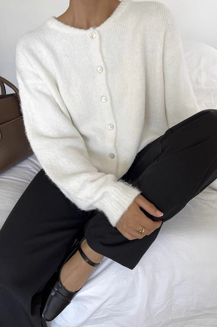 Soft Gray Shell-button Knit Cardigan