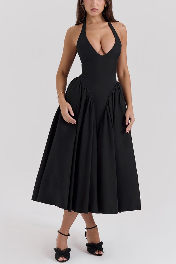 Halter Deep V Neck A-line Midi Dresses