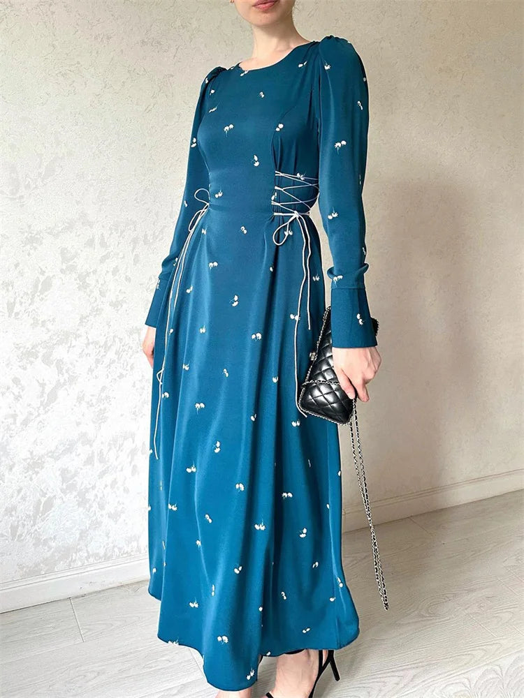 Printed Bandage Maxi Dress for Slim Patchwork Lace-up Long Sleeve Dress Female Contrast Long Dress